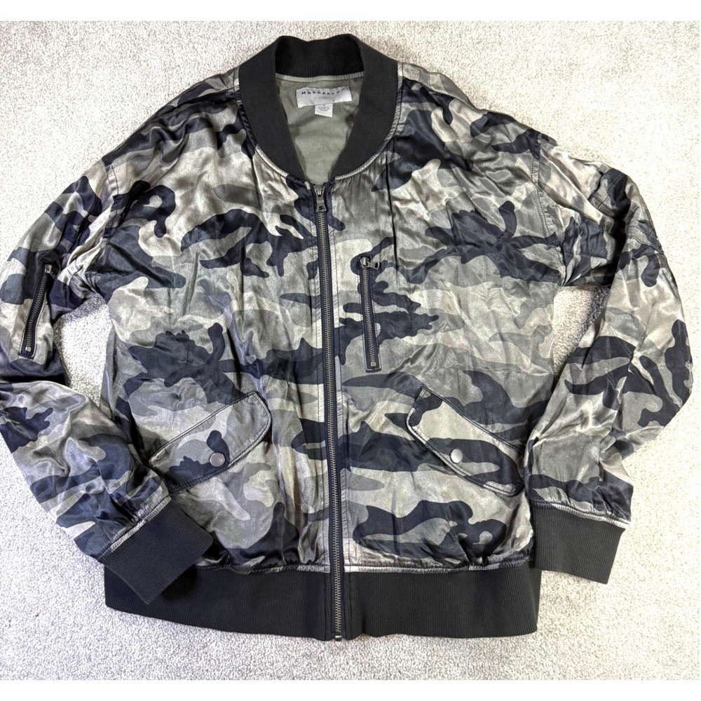 Anthro Marrakech Womens Grey Camo Viscose Satin‎ Bomber Jacket Full Zip Size M